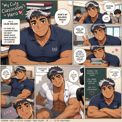 A Full page Anime Comic book story about of a masculine and Bulky ANIME Cute Bara Man American 20 year old with a ROUND and BASIC facial structure and TENAGE BARA CUTE MALE not to detailed With bigger than average Pecs that are visible through the shirt and Biceps and a big Bandaid on his nose and Left Cheek and Right Eye brow. Wearing a no piercings Baggy Cute and Perfect sized Polo shirt and Shorts and Darker Gray Hair and Bright White Hair Tips and Strait with brown eyes and black eyebrows. Sitting down with his head still and his eyes looking up at you with a Hot, Cute and Dreamy smile And Balances Books on his head and doing other cute and Hot stuff in classrooms and Licking his lips at a Photoshoot.