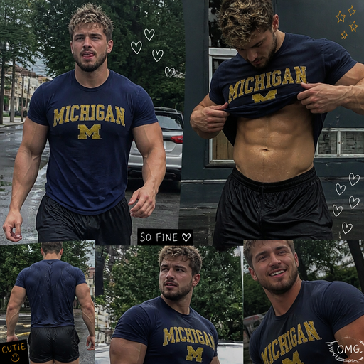 A Real life Full Body Image of a Dad with Dirty Blond hair and Brown Eyes with a Beard with Chunky Arms and Pecs with a Defined Stocky Body and And Grotesque Wrestling Body and a Tiny Waist. Wearing A School Spirit Shirt. On the Street. Licking his Teeth. Makes you blush and Lifts his shirt, deducted in water and looks really attractive innocent and too cute