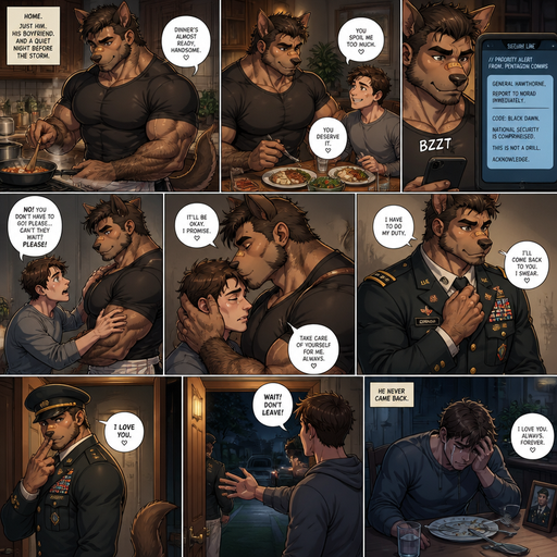 An Anime comic book of a Bulky and Slim and Small Waist and Huge Biceps but Muscular and more Muscle than Fat ANIME Cute Bara Man Who looks Normal and American with a round facial Structure and Basic facial structure With Puffy and Big Pecs that are visible through the shirt and Biceps and Bandaid on his nose and Is an Anthropomorphic Dog with Tail ears and Teeth and is the perfect balance of human and Wolf with Wolf instincts and Is super strong and fast and Hot and Dreamy and Devilishly handsome cute and has more hair on his skin and more on his head but still short and Facial but still Human face with a Perfect Physique and Huge arms and Chest with a Thin waist and a perfect face. And is cooking dinner and him and his boyfriend eat dinner at the table but then he gets a message on his phone and he has to get called into the work he is a military General and So he leaves but his boyfriend begs him not to but he brushes his hair and kiss him and says It’ll be ok and Walks out in his military outfit and mouths I love you in. And his boyfriend didn’t see him again