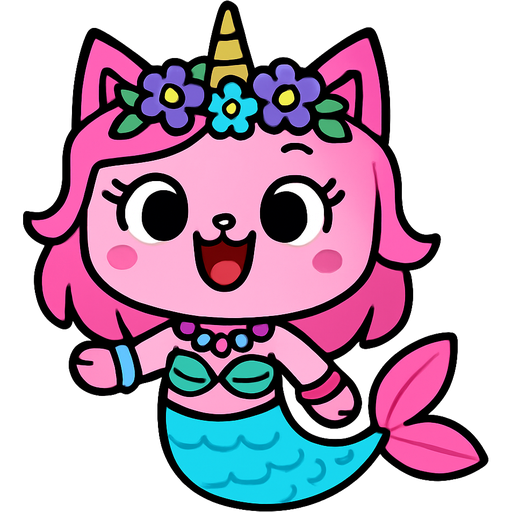 cat with pink hair purple and blue flowers golden crown purple and green necklace pink and blue bracelets green swimsuit top long cyan and white mermaid tail with pink fins unikitty! cartoon network style cartoon style emoji, fun expressive character