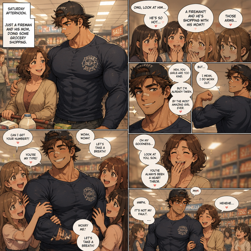 A REALISTIC AND LIFELIKE Comic long STORY of a selfless Fireman who will do anything for his girlfriend Bulky but Muscular ANIME Cute Bara Man With Peach toned skin Who looks Normal and a huge and Masculine round facial Structure and Basic facial structure With Puffy and Big Pecs that are visible through the shirt and Biceps and Bandaid on his nose and Brown Spiky hair and His Hair Curls At the tip of strands. Wearing a nice long sleeved clothing and has a Hairy MANLY body. Fireman baseball hat bacwards. With his mom at the store and girls love talk about how handsome he is. And his mom laughs and he flexes and teases them but didn‘t mean to and now has girls crowding him and his mom laughs and finds it cute and Romantic