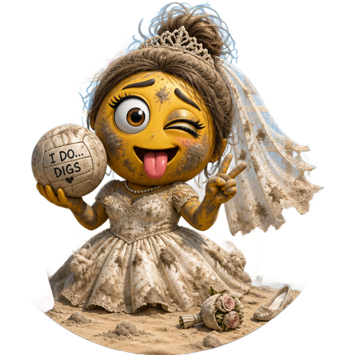 Make a girl that is covered with dust an d is wearing a wedding dress and is at a volleyball court