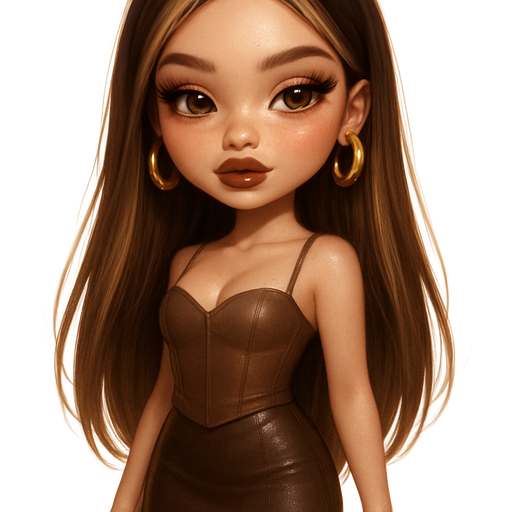 luxury glossy bratz-anime romantic aesthetic, warm cinematic glow, crisp clean detail, glossy glam skin. Petite girl, fair skin with soft freckles, wide face with tall forehead, honey-brown almond wide-set upturned eyes, fluttery lashes, shimmer highlight, plush lips, bottom heavy lip, sweet Belle-princess vibe, long straight brunette hair with visible light blonde highlights, softly defined feminine body, soft hourglass shape with full round bust, Mocha corset top, Chocolate leather mini skirt, Gold chunky earrings, Glossy brown lip + warm smoky eye, Hair down, sleek but voluminous, Heeled boots. pop-princess energy, shimmer highlight, sparkly glow