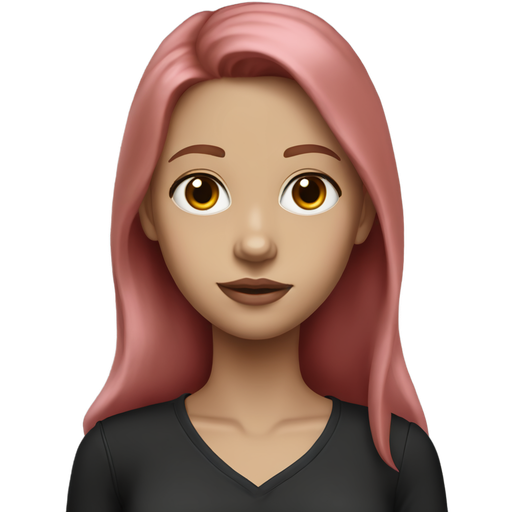 Girl with long red hair, white skin, dark brown eyes, pink lips, skinny. She's wearing a short black blouse and oxford jeans.