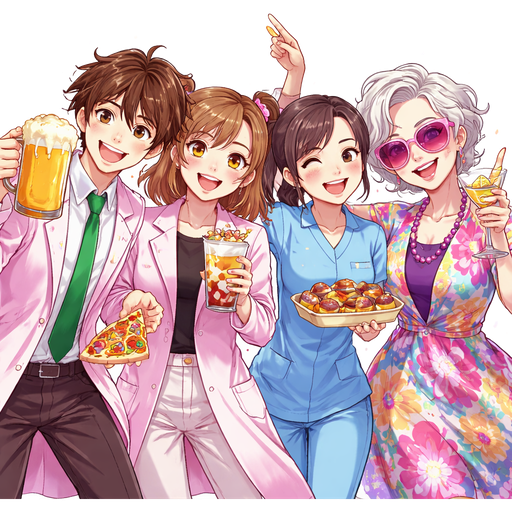 A female and a male chemist in pink chemist coats, with a lady in a blue uniform top, and another old lady in a stylish and colourful dress. Dancing to music while holding food and drink