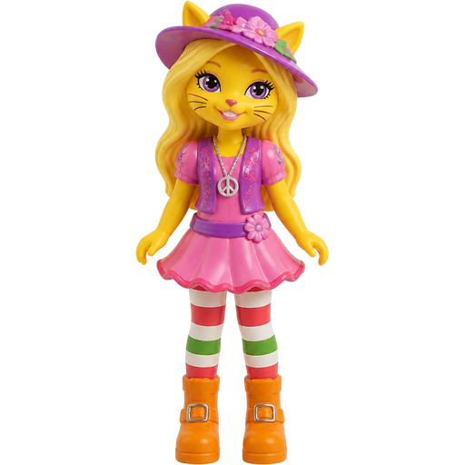 yellow female cat girl anthro whiskers purple eyes blonde long hair necklace with peace sign pink and purple florist hat pink skirt long red white green long socks and orange boots with buckles purple and pink florist outfit body leg view happy meal toy