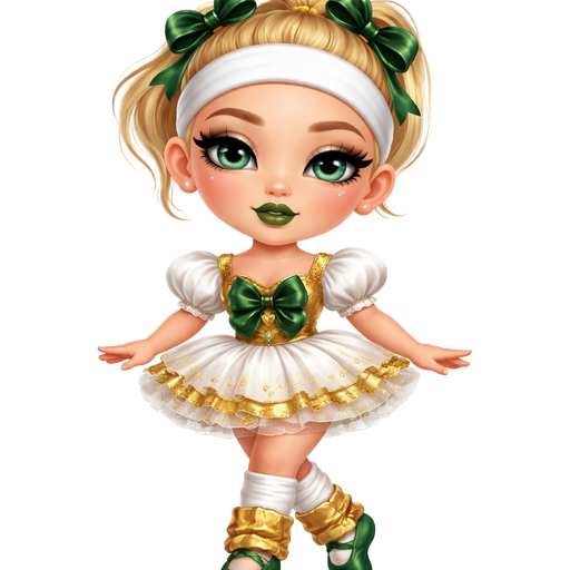 Banana Twirl with a Fair-Light Warm Soft Beige Skin Tone with a Full Lip Shape With a Slight Doll Eyelash Shape and A Dark Green Tinted Matte Lipstick with a Grey-ish Blue Eyeshadow and a Curved Round Eyebrow with a Almond Eye Shape and a Square Face Shape with Light Blonde Hair in a Short Ponytail Hairstyle in a Up Position With the Bows Being A Dark Moss Green With a White Sweat Band on Her Forehead Wearing a White Ballet Dress With the Skirt Being Gold and White Short Puffed Sleeves and the Center of Dress Has a Dark Moss Green Bow With the Strap Being White Wearing White Sweat Band Round her Knees and Gold Leg Warmers Round her Ankles and Dark Green Ballerina Slippers with Ivy-Green Eyes with a Mature Adult Toned Build and Vivid with 3D Distinct Features And High Visual Textures in a Soft 4K Intense Polished Shine