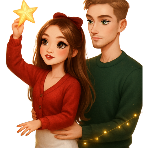 girl has HONEY BROWN EYES: Christmas decorating, soft glow from the VISIBLE tree: HONEY BROWN EYED girl & LIGHT GREEN EYED guy: luxury glossy bratz-anime romantic aesthetic, cinematic glow, crisp clean detail, glossy glam skin: straight haired honey brown eyed fair skinned girl, tall slender young man: OBLONG face shape with long pointed chin, straight nose with medium-width, high soft slightly hollow cheeks, downturned close-set light green almond shaped eyes with long lashes, thin straight slightly angled brows, golden light skin tone, slightly full soft pink lips, facial hair: clean-shaven, thick chin goatee, hair dirty-blonde ash brown, textured crop haircut, youthful masculine serious expression, he steadies her waist and fairy lights drape around both of them: petite girl, soft-autumn tone, pale skin, honey-brown almond eyes, soft freckles, round, full moderate bust, chubby upper arms, sweet Belle-princess vibe, long brunette honey balayage hair with visible light blonde highlights, wearing a on tiptoe in a red cardigan and white mini with fuzzy slippers, straight hair with a velvet bow, berry-stained lips, placing the star, pop-princess energy, shimmer highlight, sparkly glow