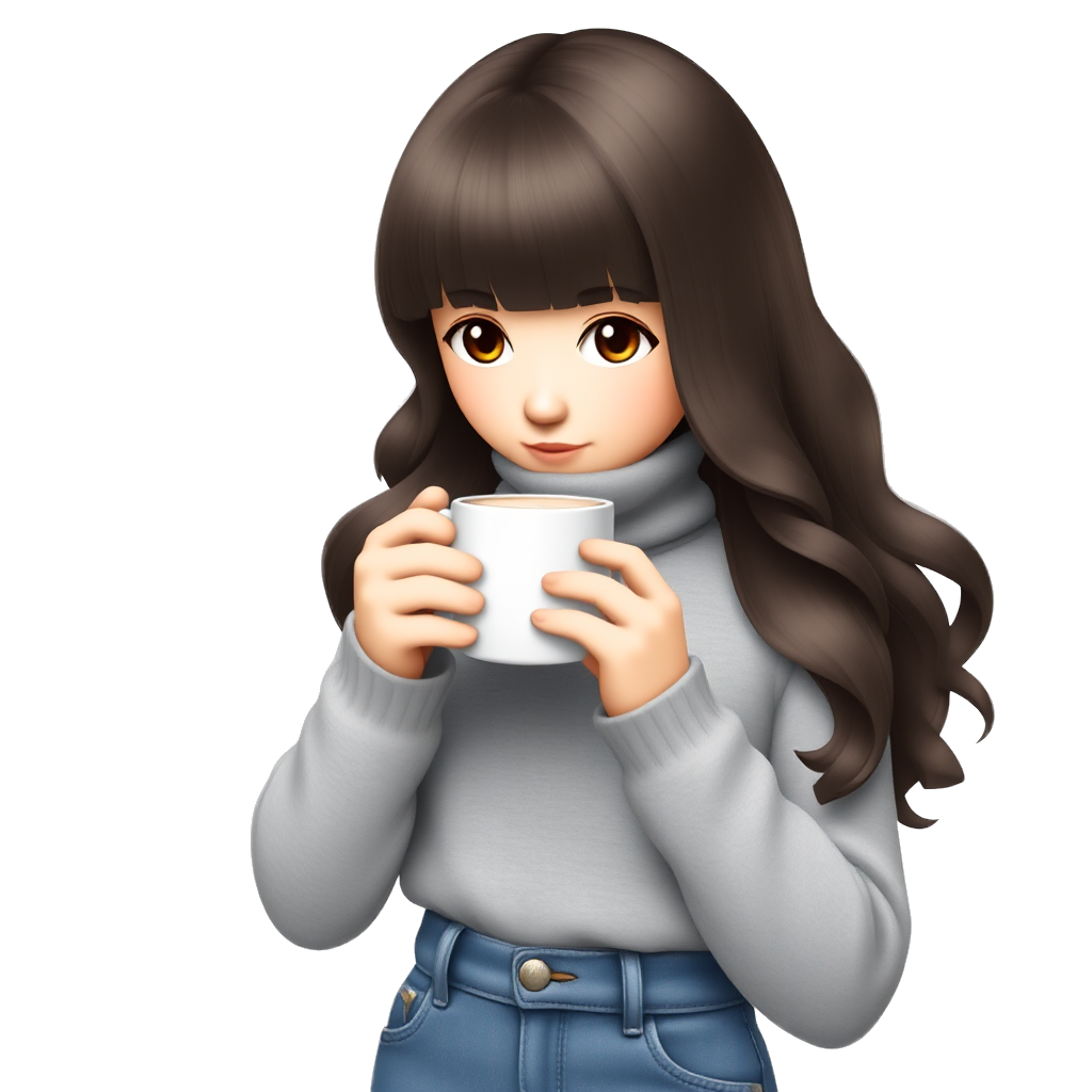 Girl with wavy curtain bangs hair opens with a grey high neck and jeans drinking hot chocolate aesthetic