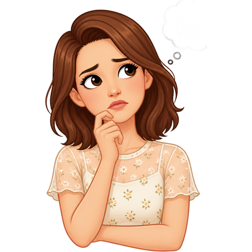 light skin woman with shoulder length chestnut brown hair wearing a summer illusion top short sleeves overthinking