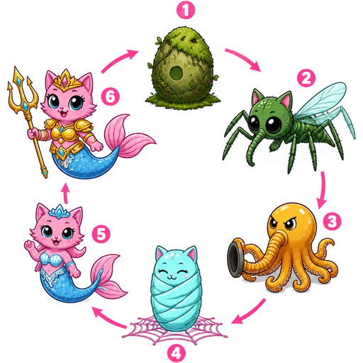 life cycle of light cyan mermaid tail with pink fins pink cat princess 1st mossy egg 2nd stage green spider mosquito hybrid 3rd stage yellow octopus vacuum hose hybrid 4th stage light cyan cocoon shaped cat with pink webbing on the ground 5th stage pink cat with blue mermaid tail with white details 6th pink cat with golden armor blue mermaid tail with pink fins holding trident 6th stage light cyan mermaid tail with pink fins pink cat princess