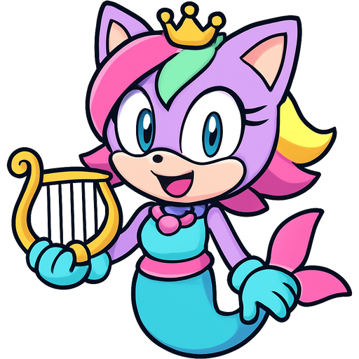 sonic x style version light purple cute cartoon character anthro cat smiling with pink and green and yellow hair blue green eyes golden crown with light purple necklace light cyan braclets cyan and blue dress with pink skirt attached to cyan mermaid tail with pink tail fins pink and cyan gloves holding a golden harp based on amy rose from sonic x style version cartoon style emoji, fun expressive character