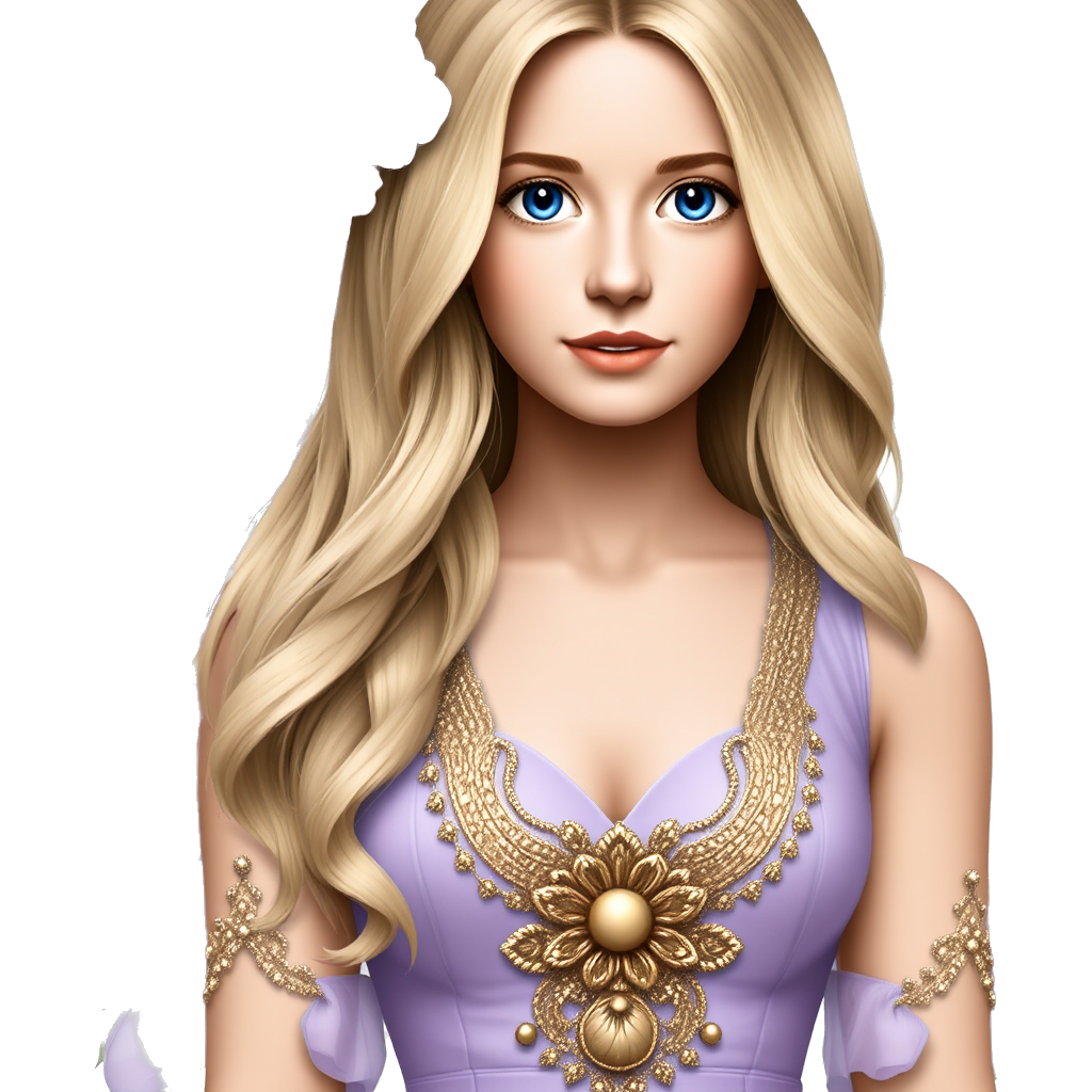 Woman with blue eyes and long long long blond hair in a broad with flowers I. The broad in a lavender summer dress with gold detailing