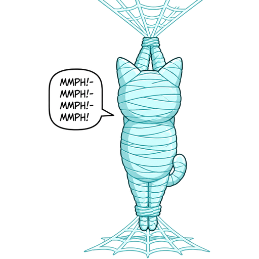 #B8FFFF mummified completely covered anthro cat shaped cocoon completely covered hanging on the ceiling by wrists tied up with #B8FFFF spider webs and ankles tied up with #B8FFFF spider webs on the floor Mmph!-mmmph!-mmph!-mmmph! happy tree friends style