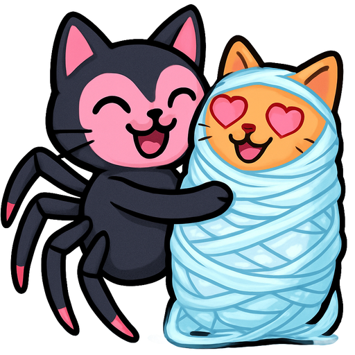 pink and black cat spider hybrid happy hugging #B8FFFF slikworm cocooned pod orange fairy cat happy with pink heart eyes covered with #B8FFFF huge coating of #B8FFFF slik and huge #B8FFFF slik wrappings and huge #B8FFFF webbing wrappings #B8FFFF