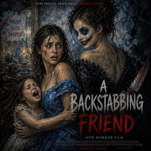 give me a movie cover for the new movie called a backstabbing friend, and the backstabbing friend is wearing creepy makeup with a creepy grin smile and the friend who got backstabbed is looking at her friend who looks scared and she’s wearing a blue dress with scratch is on her face, and there is a little girl screaming, and holding the girl who got backstabbed new horror, film