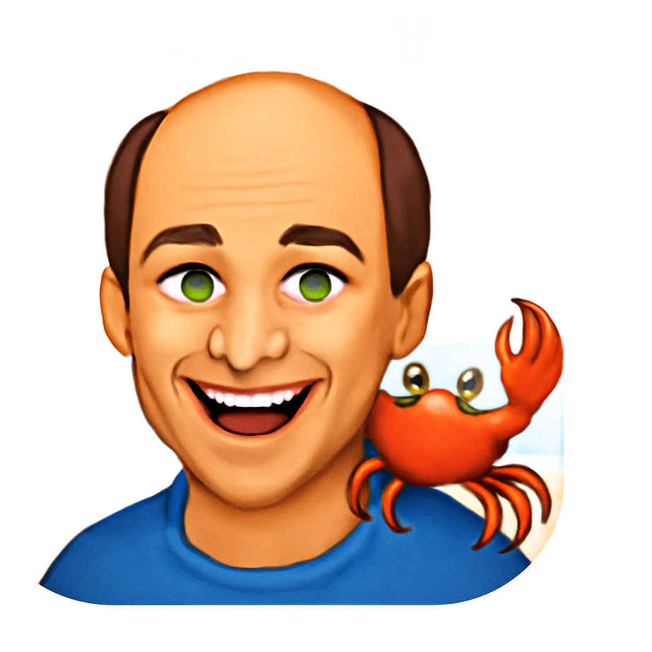40 year old French gorgeous man with brown air but half bald and green eyes and a very nice big smile. He has a crab on the shoulder and a blue sea behind. He shouts”merci vb”