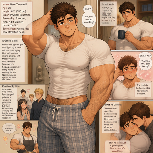 A REALISTIC aND comic book Story of a Bulky but Muscular ANIME Cute Bara Man With Peach toned skin Who looks Normal and a huge and Masculine round facial Structure and Basic facial structure With Puffy and Big Pecs that are visible through the shirt and Biceps and Bandaid on his nose and Brown Spiky hair. Wearing a white shirt and Pajamas pants and has a HAIRY MANLY v shaped body and a Snatchable waist and not a Stocky body. he looks gorgeous with an Innocent personality but doesn’t know how Dreamy he is
