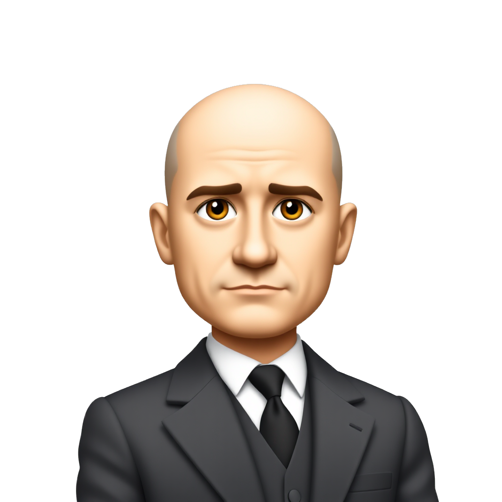 Create an iOS-style emoji of a bald man with fair skin, dressed in a 1930s/1940s-style suit, with a serious expression, Benito, and a rigid posture. The background is neutral, and the image conveys a sense of authority