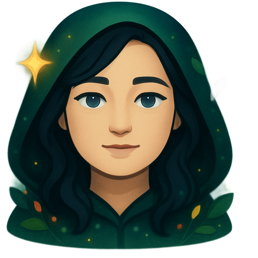 A magical mom-aesthetic emoji with light beige skin, dark hair, grey-blue eyes, soft and expressive calm emotion, glowing forest vibe, deep green and blue accents with small red and yellow highlights, mystical cozy style, dreamy lighting.