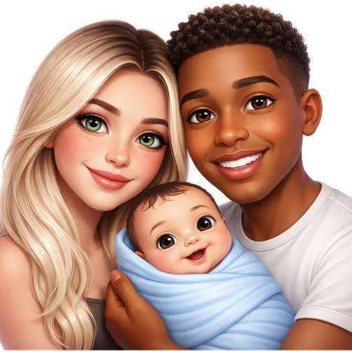 20 year old female with icy blonde dark roots green eyes freckles having a baby with a 23 year old black man with brown eyes very short curly hair no facial hair