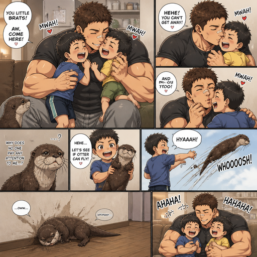 A DETAILED AND LIFELIKE ANIME Comic Book story view of a Bulky but Muscular ANIME Cute Bara Man With Peach toned skin Who looks Normal aind round facial Structure and Basic facial structure With Puffy and Big Pecs that are visible through the shirt and Biceps and Bandaid on his nose and Brown short hair that makes them look tough. Wearing normal With his pet Grown and healthy realistic otter and 2 little brothers that are in different ages but young. And he annoys the little brother’s and he kisses them all over their faces, and they laugh with joy. But the otter is left out and no one cares for him and and a brother picks him up and it flys to the wall and it layed there on its side whimpering