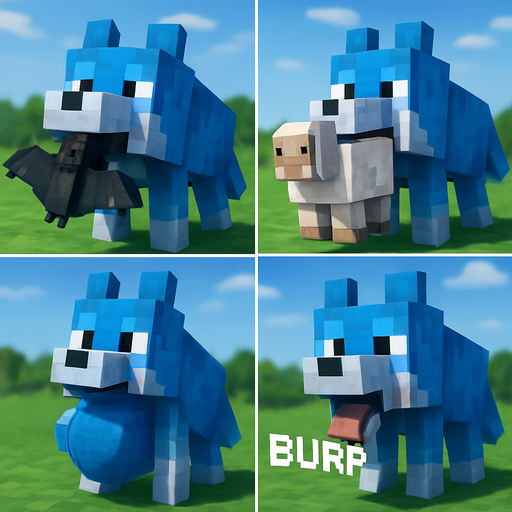 Minecraft style A wolf crystal blue black white is swallow a bat and sheep with YouTube dress and next wolf swallow next wolf gets pregnant next wolf says burp