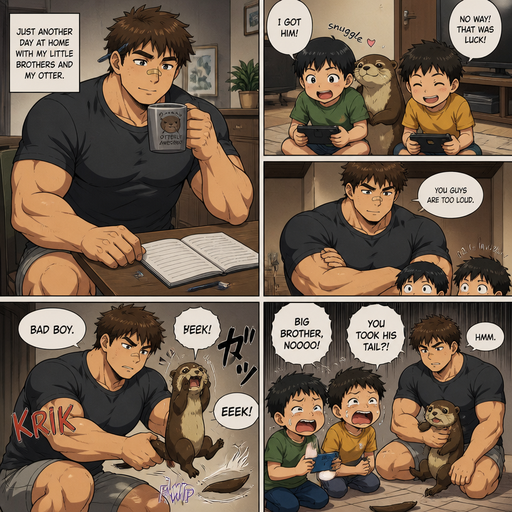 A DETAILED AND LIFELIKE ANIME Comic Book story view of a Bulky but Muscular ANIME Cute Bara Man With Peach toned skin Who looks Normal aind round facial Structure and Basic facial structure With Puffy and Big Pecs that are visible through the shirt and Biceps and Bandaid on his nose and Brown Fluffy and Strait hair. Wearing normal With his pet Grown and long and healthy otter and 2 little brothers that are in Late elementary grades. And they are in the house minding their businesses, And the otter’s brother snuggles them too but both are scared of the bigger brother. And an otter looses his tail from the older brother