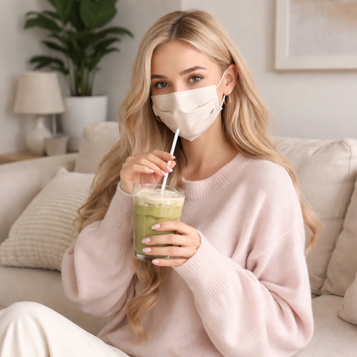 A blonde girl who has long hair and a face mask. She wears a pale pink sweater and drinks a matcha latte. She is sitting on her beuge sofa and the decor around her is modern. She has a "clean girl" style