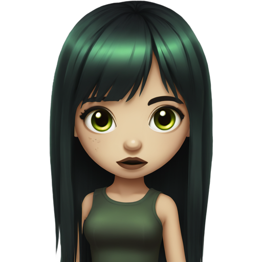 Cute green skin zombie girl with lashes and eyeliner, long straight black hair with straight full bangs. Pretty face. Big Dark brown eyes. Straight dark eyebrows. Black shirt