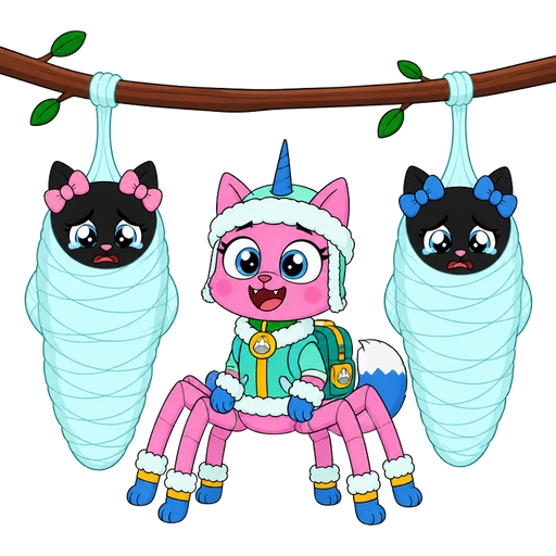 ( cartoon network style version) wrapped up and mummified fully covered in a #B8FFFF spider slik cocoon shaped like anthro black cat female anthro two pink hair bows whimpering teary eyes with arms behind back with #B8FFFF spider slik wrappings completely covered with thick layers non-transparent #B8FFFF spider slik wrappings hanged to the branch on the left side next to wrapped up and mummified fully covered in a #B8FFFF spider slik cocoon shaped like anthro black cat female anthro with 2 blue hair bows whimpering teary eyes arms behind back with #B8FFFF spider slik wrappings completely covered with thick layers non-transparent #B8FFFF spider slik wrappings hanged to the branch on the the right side next to happy pink cat anthro furry boy drider with blue and white tail white wrists blue hands white ankles yellow socks green collar blue unicorn horn based on unikitty wearing everest's hat and everest's clothing with everest's backpack