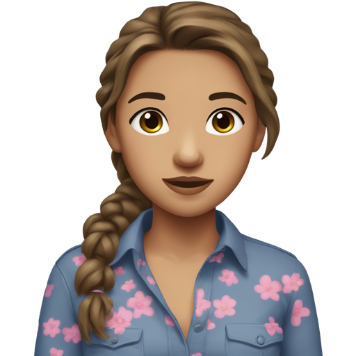 A girl with medium brown hair with slight waves in à messy ponytail and fair/ olive/ kind of tan skin. She has dark blue eyes and she is wearing a button down shirt sleeve shirt with small pink flowers on it.
