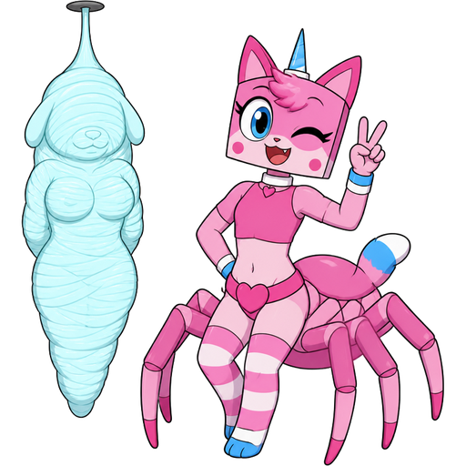 wrapped up and mummified fully covered in a #B8FFFF spider slik cocoon shaped like anthro female puppy anthro arms behind back with #B8FFFF spider slik wrappings completely covered with thick layers non-transparent #B8FFFF spider slik wrappings hanging on ceiling on left side next to a happy anthro femboy pink cat anthro drider hybrid doing victory sign smiling based on unikitty