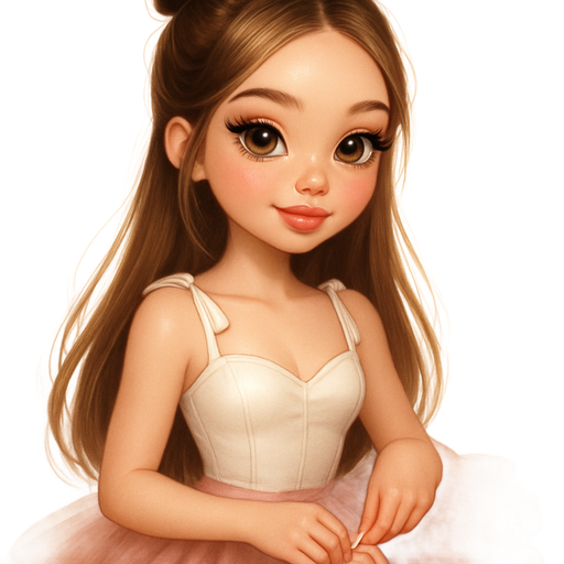 semi-realistic soft cartoon luxury glam, mini plush Bratz-doll aesthetic, cinematic glow, crisp clean detail, glossy glam skin. brown eyed Petite girl, fair skin with soft freckles, wide face with tall forehead, honey-brown almond wide-set upturned eyes, fluttery lashes, shimmer highlight, plush lips, bottom heavy lip, sweet Belle-princess vibe, long straight brunette hair with visible light blonde highlights, softly defined feminine body, soft hourglass shape with full round bust, Blush tulle wrap skirt, white corset top with satin ribbon straps. Hair: soft bun with loose strands. Rosy cheeks, glossy pink lips. tying ballet flats mid-smile. Cozy romantic glow, soft warm lighting, pop-princess energy