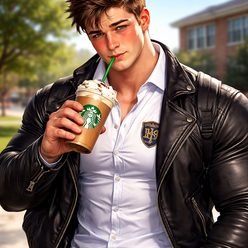 A Real life Full Body Image of a Hunky and Muscular, Handsome and Masculine Student with Brown Spiked hair and Blue eyes and with Chunky Arms and Pecs and Very Stocky Body. Wearing a School Uniform Button up shirt with logo on it and a Leather jacket over it. Blushing hard with a Sunburn under his eyes. Drinking Starbucks Coffee. Flirting