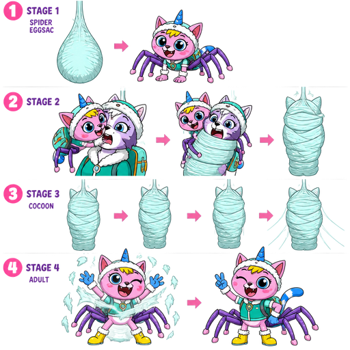 life cycle of happy pink cat anthro furry boy drider with yellow hair blue and white tail white wrists blue hands purple spider legs white socks yellow boots green collar blue unicorn horn based on unikitty wearing everest's hat and everest's clothing with everest's backpack metamorphosis transformation 1st stage #B8FFFF spider eggsac 2nd stage pink spider cat hybrid next to 1 pink spider cat hybrid latching on a female cat anthro's face and 2 wrapping around female cat anthro whole body and head with #B8FFFF silk webbing 3rd stage cocoon wrapped up and mummified fully covered in a #B8FFFF spider slik cocoon shaped like anthro female cat anthro arms behind back with #B8FFFF spider slik wrappings completely covered with thick layers non-transparent #B8FFFF spider slik wrappings hanging on #B8FFFF slik wrappings 4th stage adult 1 happy pink cat anthro furry boy drider with yellow hair blue and white tail white wrists blue hands purple spider legs white socks yellow boots green collar blue unicorn horn based on unikitty wearing everest's hat and everest's clothing with everest's backpack emerges from its wrapped up and mummified fully covered in a #B8FFFF spider slik cocoon shaped like anthro female cat anthro arms behind back with #B8FFFF spider slik wrappings completely covered with thick layers non-transparent #B8FFFF spider slik wrappings hanging on #B8FFFF slik wrappings 2 happy pink cat anthro furry boy drider with yellow hair blue and white tail white wrists blue hands purple spider legs white socks yellow boots green collar blue unicorn horn based on unikitty wearing everest's hat and everest's clothing with everest's backpack
