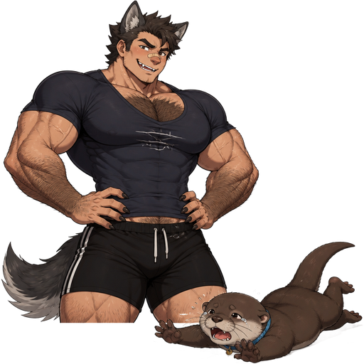 An Anime comic book of a Bulky and Slim and Small Waist and Huge Biceps but Muscular and more Muscle than Fat ANIME Cute Bara Man Who looks Normal and American with a round facial Structure and Basic facial structure With Puffy and Big Pecs that are visible through the shirt and Biceps and Bandaid on his nose and is Hot and Cute. And he has anthropomorphic Wolf features like a Wolf tail and Ears and Teeth and more body hair and a little bit more Hair on his head and has claws and no human ears and more hair on his head but still short and can change eyes from human to wolf when his instincts show and but has a Pet baby otter and doesn’t like him and to cling to his liking, and he bullies it. And it flys at the ground and lays there
