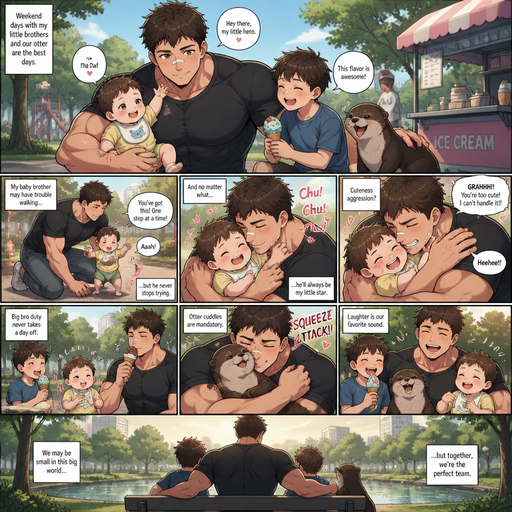 A DETAILED AND LIFELIKE LONG Anime Comic Book story view of a Bulky but Muscular ANIME Cute Bara Man With Peach toned skin Who looks Normal aind round facial Structure and Basic facial structure With Puffy and Big Pecs that are visible through the shirt and Biceps and Bandaid on his nose and Brown short hair that makes them look tough. Wearing normal With his pet Grown and healthy realistic otter and 2 little brothers that are in different ages but young. he loves the baby and the baby loves him too, but the baby has a problem walking, and get snuggled and kissed a lot the baby is so cute. He gets cuteness aggression towards the baby and the baby laughs and they all do. And get ice cream at the park and I‘ll cuddle attack the otter