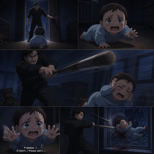 He opens the door and the baby crawls to him scared. Then a bat is flung and he misses The the baby flinches and begs not to but he doesn’t listen and the baby flys and hits the window and lays there