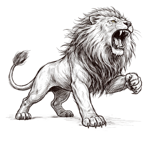 A sketch of a lion. He is roaring. He is standing on all fours with one front paw raised. It is a side profile. He is mighty and ferocious.