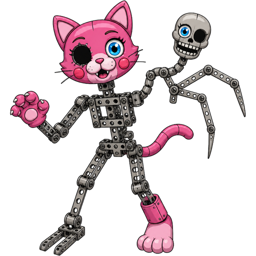 toy pink cat head one of the blue eyes are missing on left toy pink cat paws skeleton like body made of Erector Set pieces toy pink cat tail with robotic skull head with blue doll eye on left eye socket 3 spider like legs made of Erector Set pieces 2 endoskeleton feet 1 toy pink cat foot acts like fnaf 2 mangle