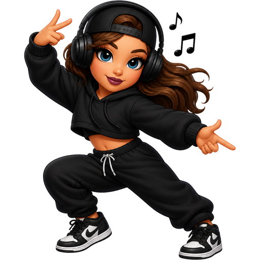 A hip hop dancing girl wi the head phones on listening to music brown hair blue eyes with lashes mauve lipsticks black tennis shoes
