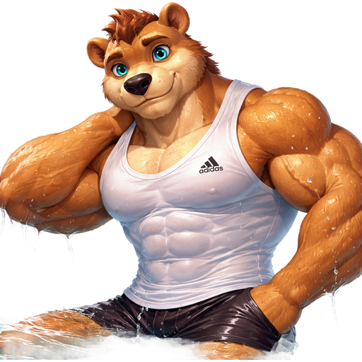 A Anime Full Body and Face of a Muscular and. VERY Masculine and handsome Bara Furry Bear with a Very detailed Good looking Face and Blue eyes with a wrestler type body. At a Photo Shoot Posing in a the water no chain with a white adidas shirt