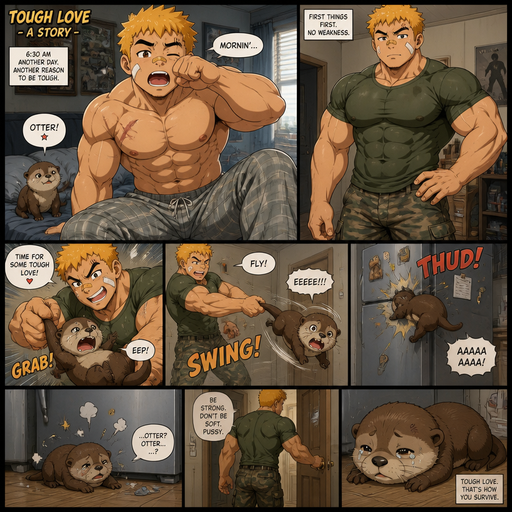 A Full page Anime Comic book story about of a Bulky ANIME Cute Bara Man American 20 year old with a ROUND and BASIC facial structure and Young Adult BARA CUTE that is Peach Toned skin not anything else MALE not to detailed With bigger than average Pecs that are visible through the shirt and Biceps and a big Bandaid on his nose and Left Cheek and Right Eye brow with Scars all over his Chest and arms. Wearing a Tight Military Green Top that is tight around the waist and Baggy Camo Cargo pants drenched in sweat and Short and yellowish orange Hair and Bright Gold Fluffy Hair and Strait with brown eyes and black eyebrows with a Three finger Slash on his Eyebrow. With no Facial Hair. Waking up in the morning in pajamas and his PET BABY OTTER but excessively bully’s it and throws him at the fridge while holding his tail. Leaves him.