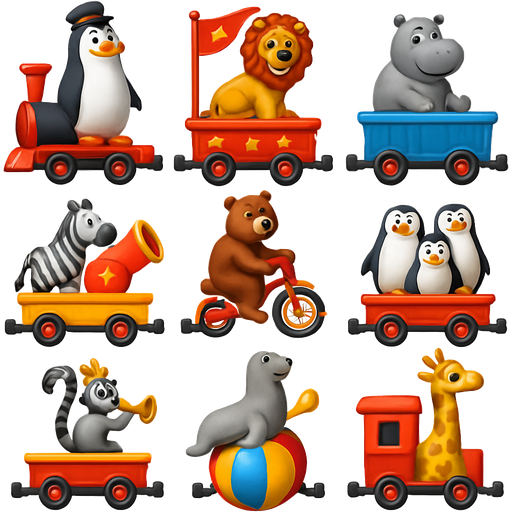 Kinder Surprise Madagascar 3 Circus Steam Train Set of Nine 9: Penguin Locomotive, Circus Flag Lion Car (rail), Hippo Car (rail), Circus Cannon Zebra Car (rail), Circus Penguins 3 Car (rail), Circus Bicycle Bear Car (rail), Circus Trumpet King Lemur Car (rail), Circus Ball Seal Car (rail), Circus Giraffe Caboose (rail)
