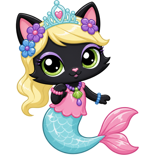 black cat with light yellow hair purple and blue flowers light cyan crown purple and green necklace pink and blue bracelets pink dress attached to long light cyan mermaid tail with white highlights with pink tail fins with white highlights (Hasbro brand new littlest pet shop tv series)