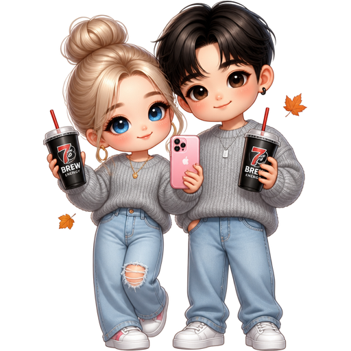 Blonde girl blue eyes holding a 7 brew energy drink in the fall in gray sweater hair in a bun and cute jeans with pink iPhone in other hand with Korean boy with matching outfit