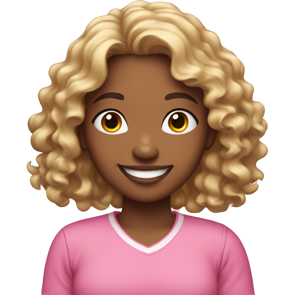Girl with wavy hair, below the shoulders and dressed in pink, light skin and a smile without showing her teeth