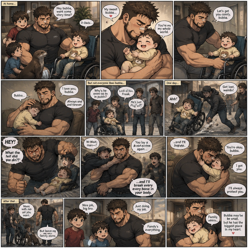 A DETAILED AND LIFELIKE LONG Anime Comic Book story view of a Bulky but Muscular ANIME Cute Bara Man With Peach toned skin Who looks Normal aind round facial Structure and Basic facial structure With Puffy and Big Pecs that are visible through the shirt and Biceps and Bandaid on his nose and Brown short hair that makes them look tough and A Bear on his Chin and Jaw. Wearing normal With his pet Grown and healthy realistic otter and 2 little brothers that are in different ages but young. At the house And the baby with his cute clothes on and already holding his hand he picks the little baby from his Wheelchair and Snuggles and Hugs the baby and it goes in a wheel chair and the baby cuddles up with his arm and he loves calling him bubba but some people don’t like the baby and one day the baby flew out of his chair from some bullies, but he defended the baby
