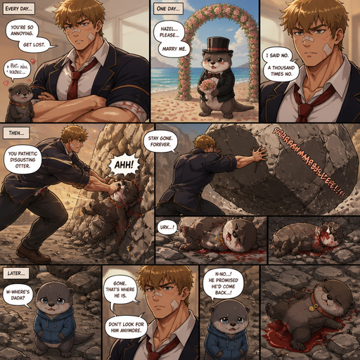 A Lifelike and Detailed Comic book story about of a Bulky and Beefy and every Muscle is bigger than average and less shredded or muscular with Chunky and Bulky chest and Biceps and his defined abs ANIME Cute Bara Man American 20 year old with a ROUND and BASIC facial structure and Young Adult BARA CUTE that is Peach Toned skin not anything else MALE not to detailed With bigger than average Pecs that are visible through the shirt and Biceps but slim and Athletic Lower body that makes have a V-Tapper Lower Body and a big Bandaid on his nose and Left Cheek and Right Eye brow with Scars all over his Chest and arms. Wearing a no piercings Wearing a baggy School Uniform and tie with Blazar and Pants and yellowish Brown Hair and Bright Light Brown fluffy Hair and Strait with brown eyes and black eyebrows with a Three finger Slash on his Eyebrow. With no Facial Hair.His Pet Otter that he excessively bullies that has a Collar and has a Huge Crush on him but he doesn’t like the otter back. And the otter one day dressed up really nice and with a top hat on creates a huge ceremony at the beach to marry him and he says no and the otter is throw at rock and a bolder falls and he pushes the rock down more and he looses his tail. and the otter’s baby asks were dada and he(the human) says gone the baby tries to deny it but saw the Pet Otter